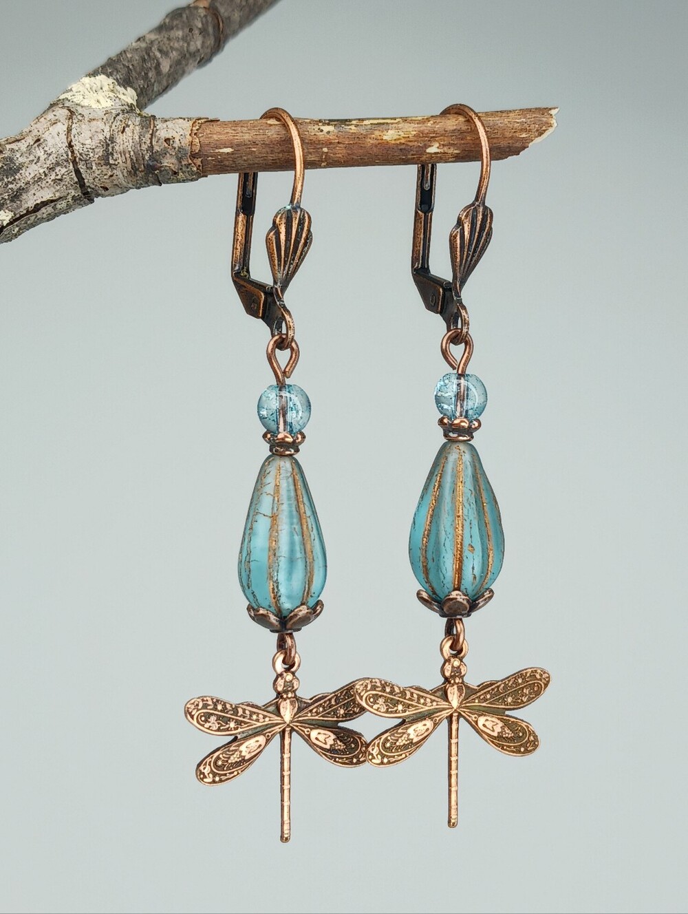 Dragonfly Sea Glass Earrings Coastal Cottage Copper Jewelry Hand Crafted - Picture 2 of 6
